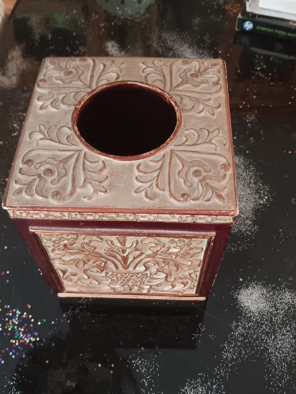Decorative Embossed Tissue Box Cover in Burgundy and Gold